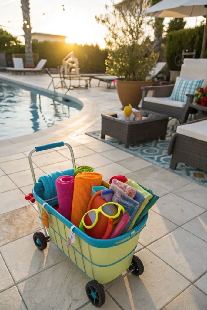 Rolling trolley carrying organized pool toys