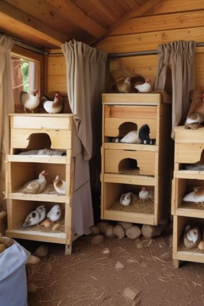 Multi tier wooden poultry nesting shelf layout