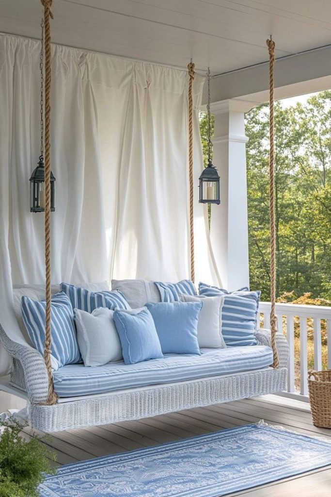 Nautical blue striped coastal porch swing