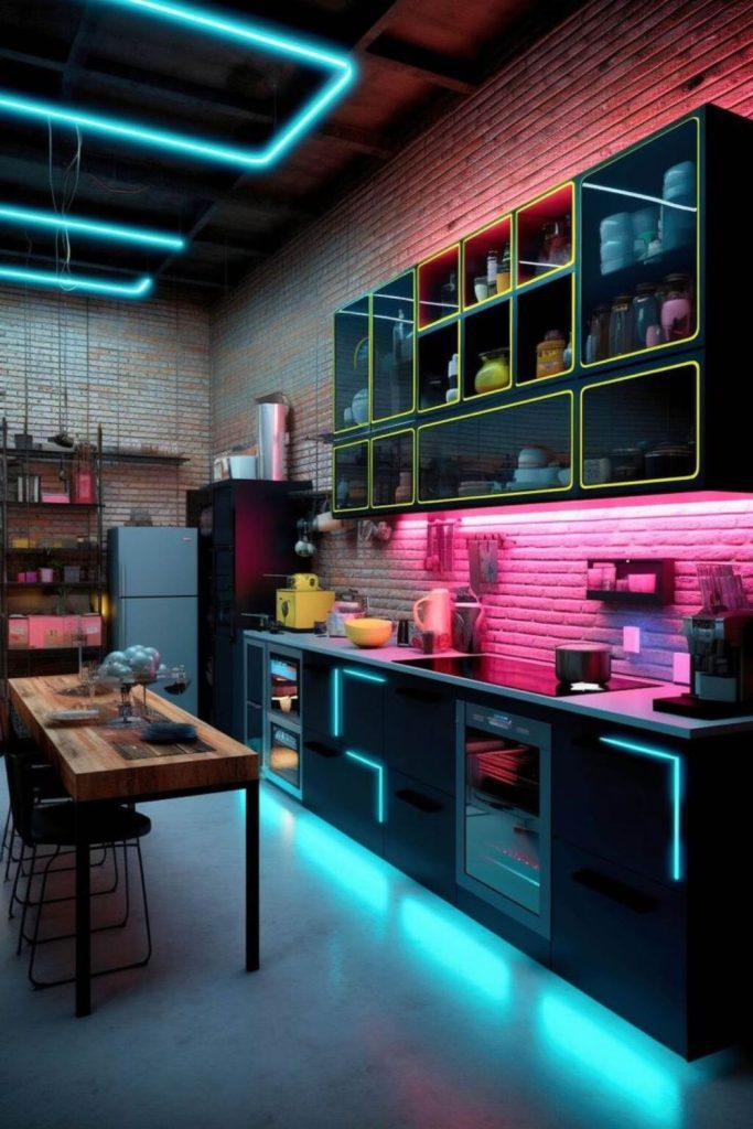 Neon cyberpunk futuristic glowing coffee bar atmosphere.