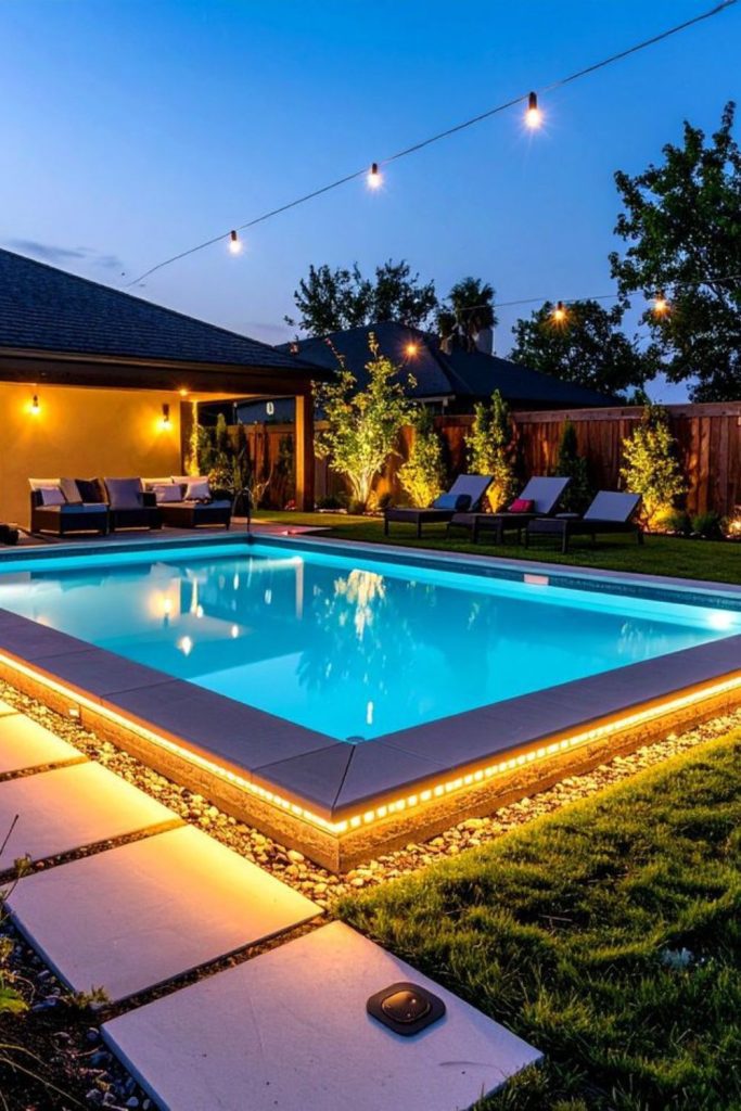 LED glow pool, colorful illuminated night water feature.