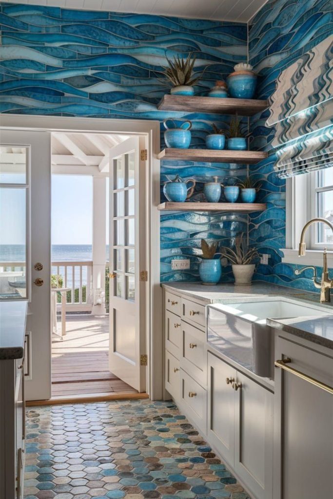 Coastal kitchen with breezy ocean inspired decor.