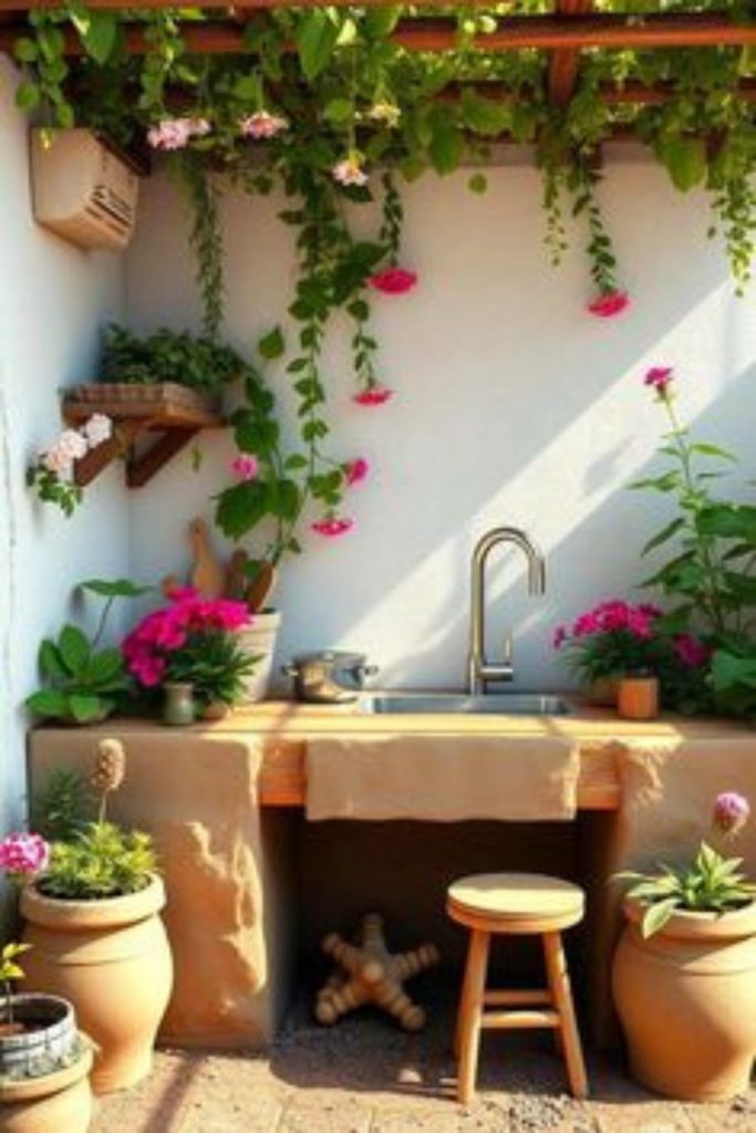 Old sink functional mud kitchen station