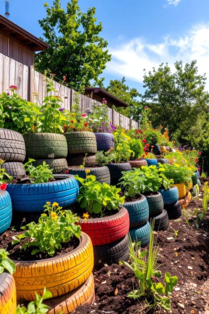 Recycled tire stacked fence wall