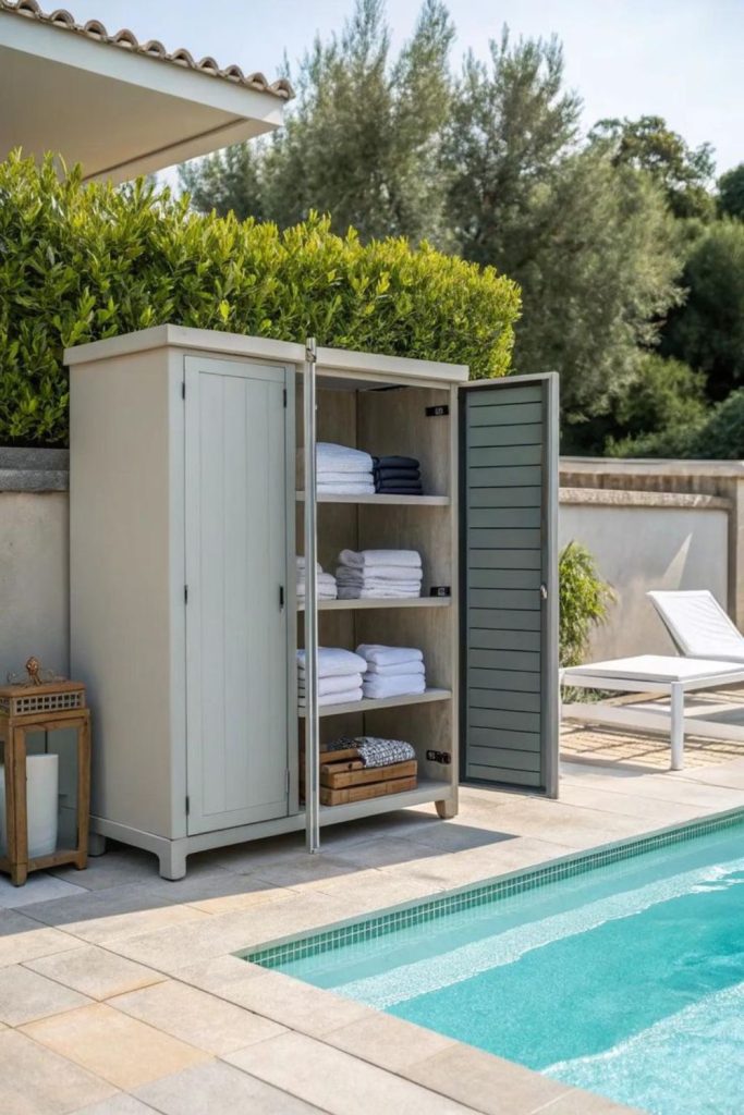 Outdoor cabinet storing inflatable swim gear