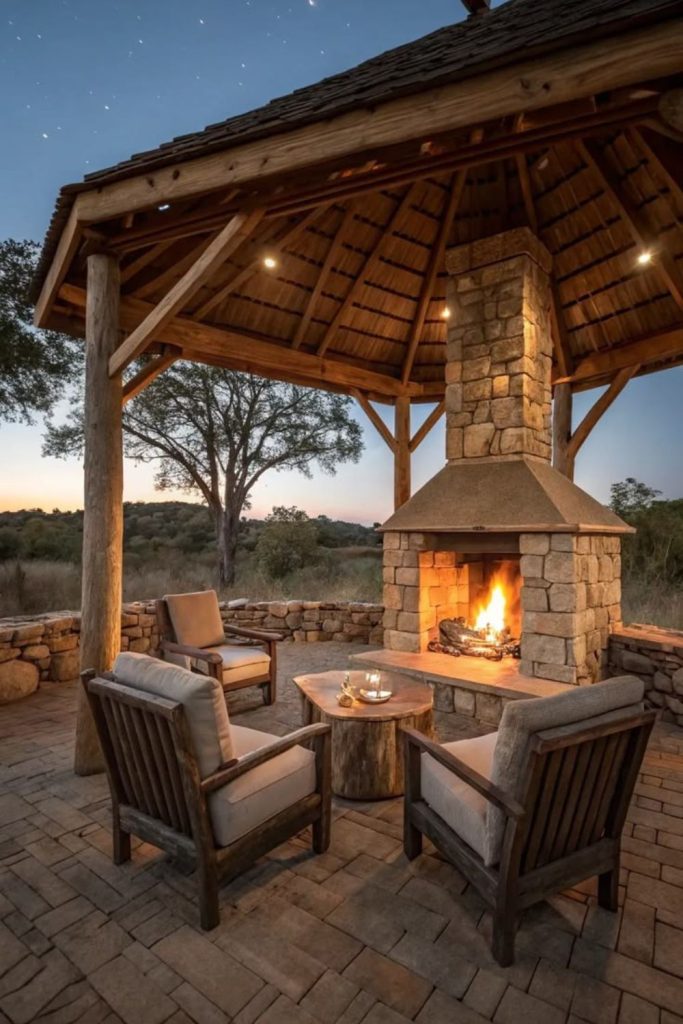 Covered pavilion outdoor fire space