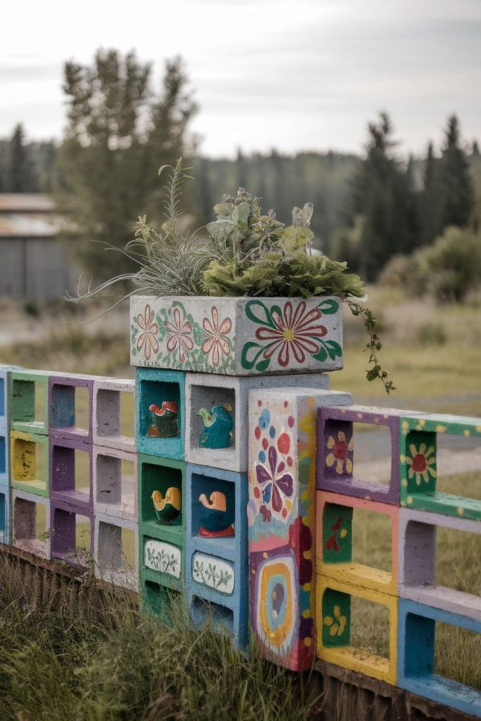 Painted cinder block garden boundary wall