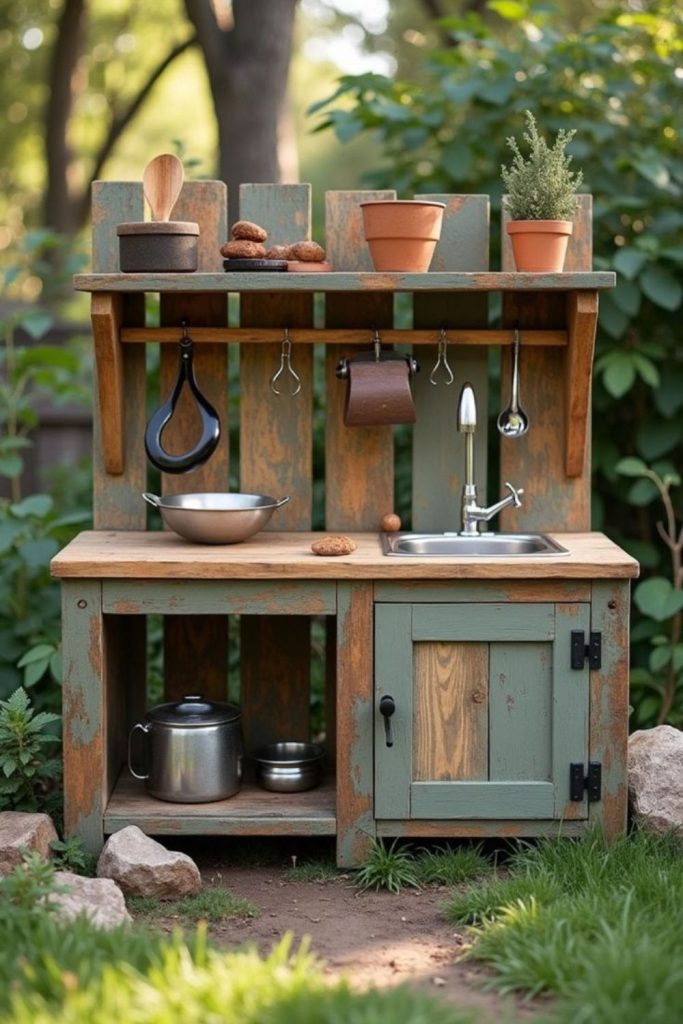 Painted pallet colorful mud kitchen setup