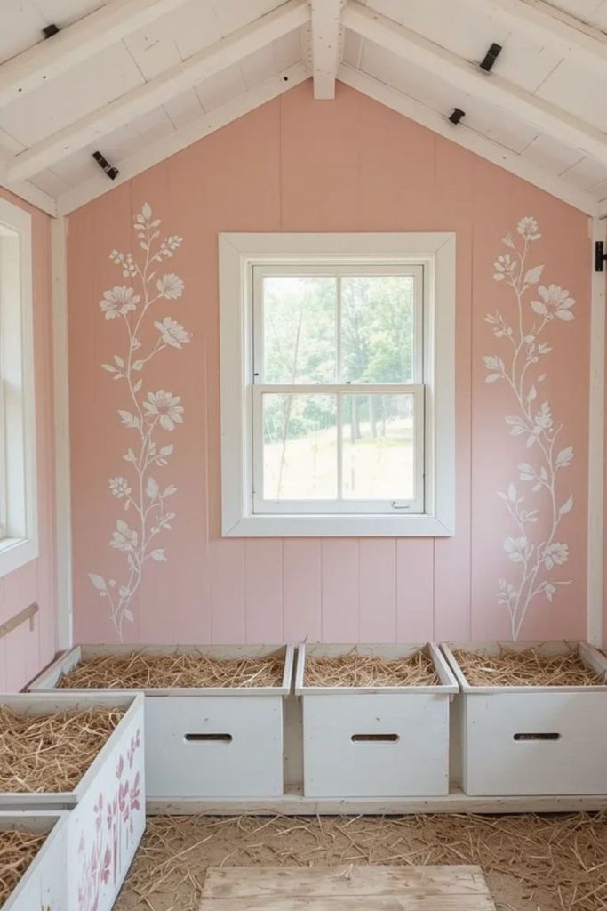 Pastel soft dreamy chicken coop interior