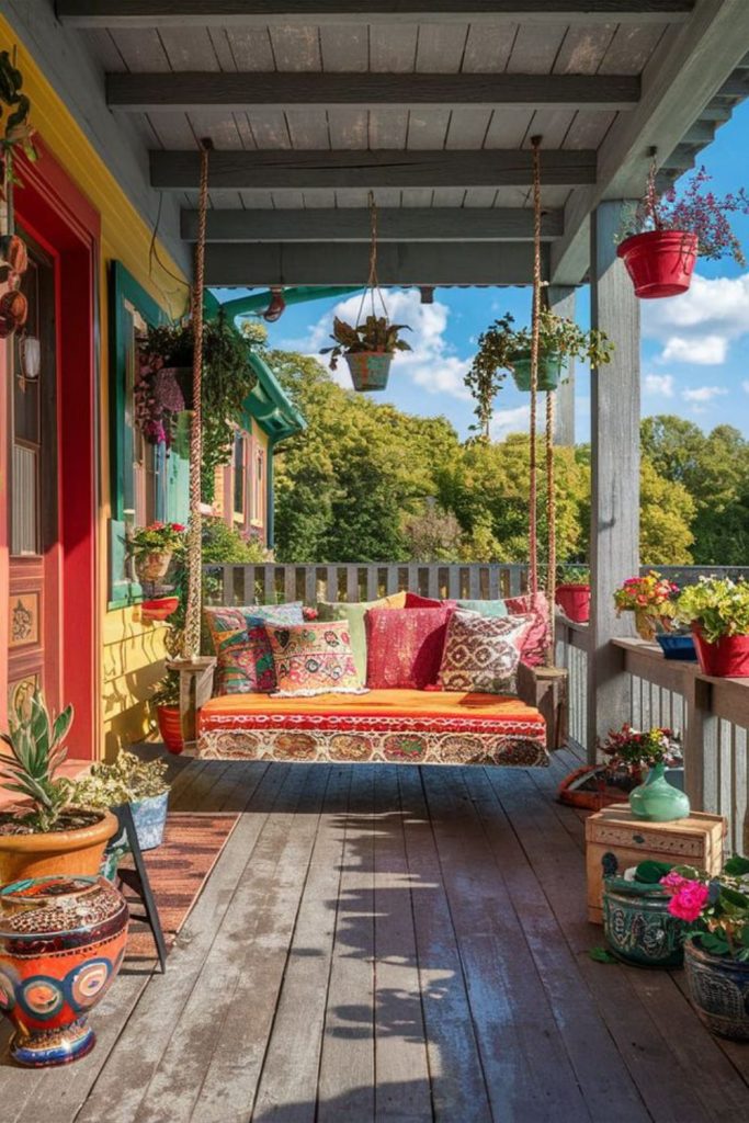 Colorful rainbow painted wooden swing bench