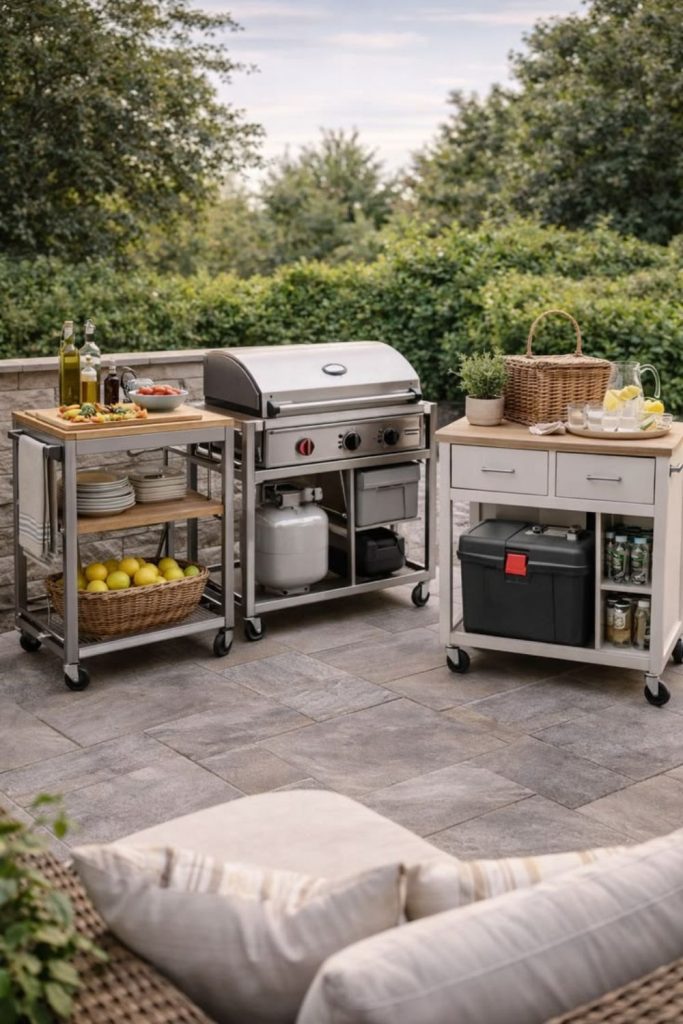 Painted tire seating colorful BBQ area.