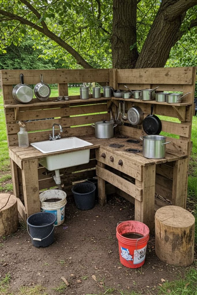 Pallet wood backyard mud cooking play area