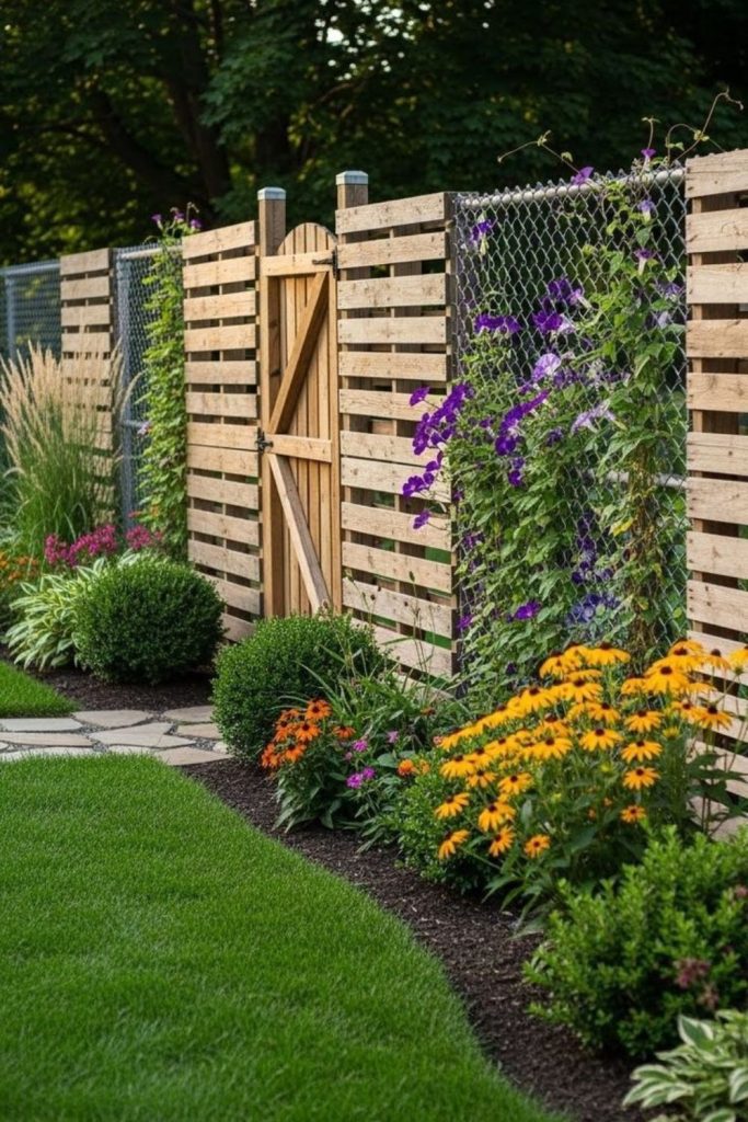 Reclaimed pallet wood rustic backyard fence structure