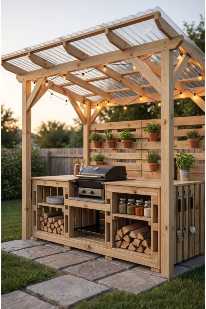 Rustic pallet grill station outdoor setup.