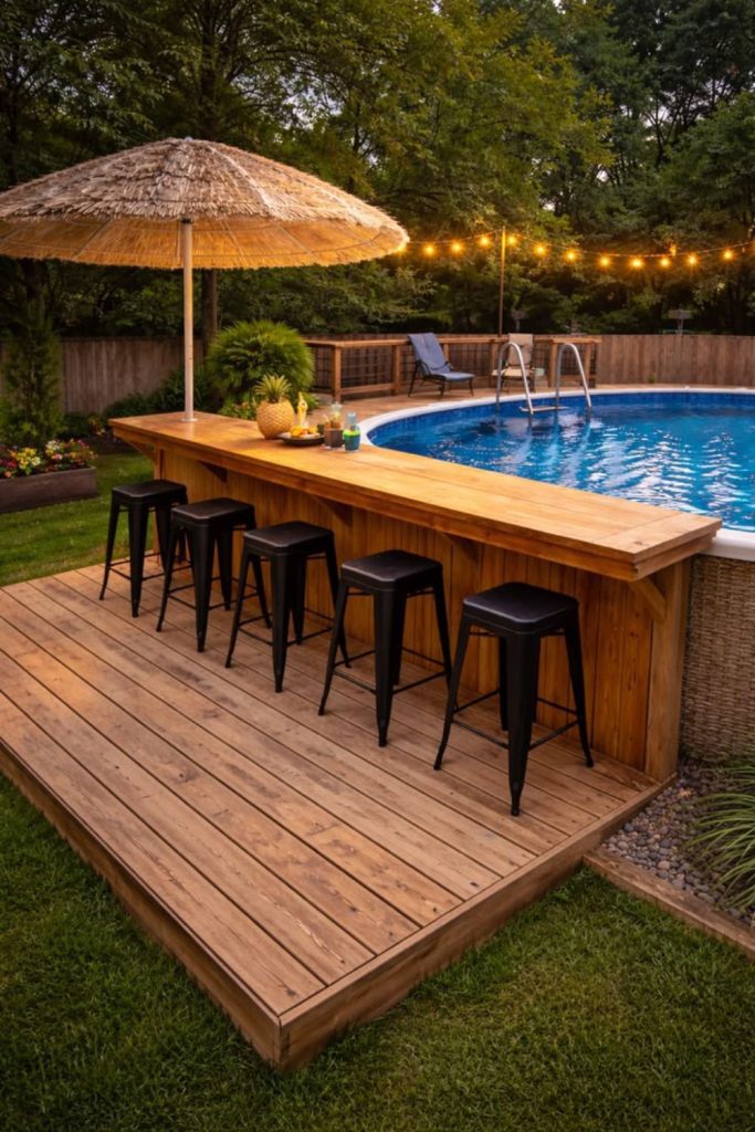 Deck party pool, spacious social gathering outdoor design.