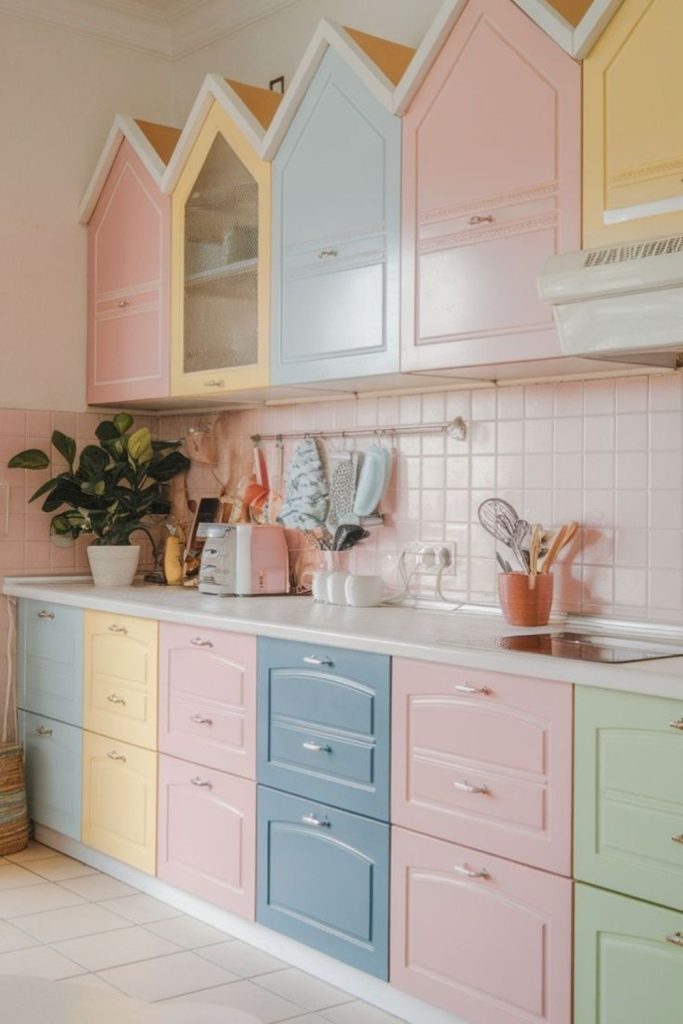 Soft rainbow pastel kitchen with gradient tones.