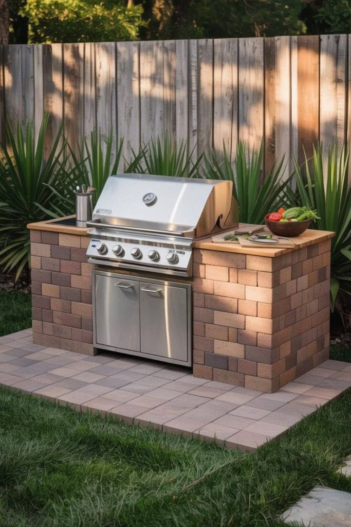 Brick square patio grill station.