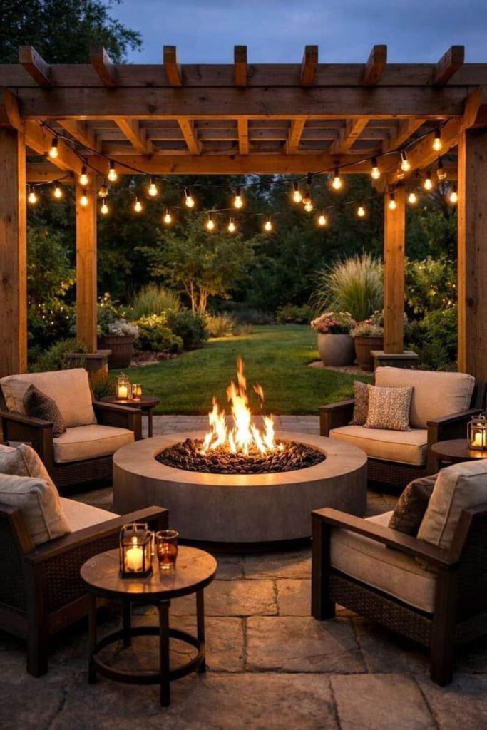 Pergola covered backyard fire pit lounge