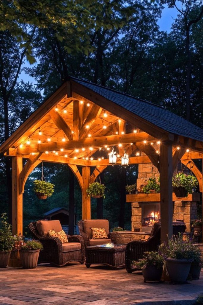 Pergola covered outdoor fireplace lounge