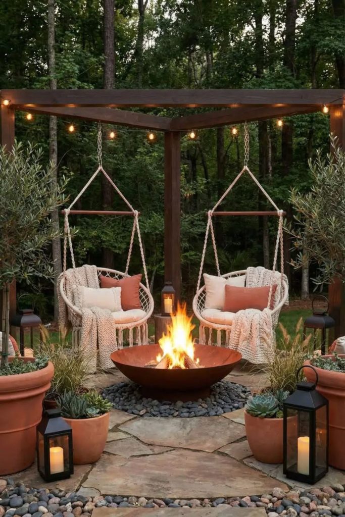 Pergola swing cozy fire pit seating