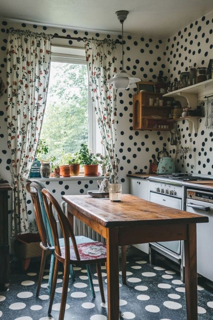 Polka dot kitchen with colorful playful patterns.