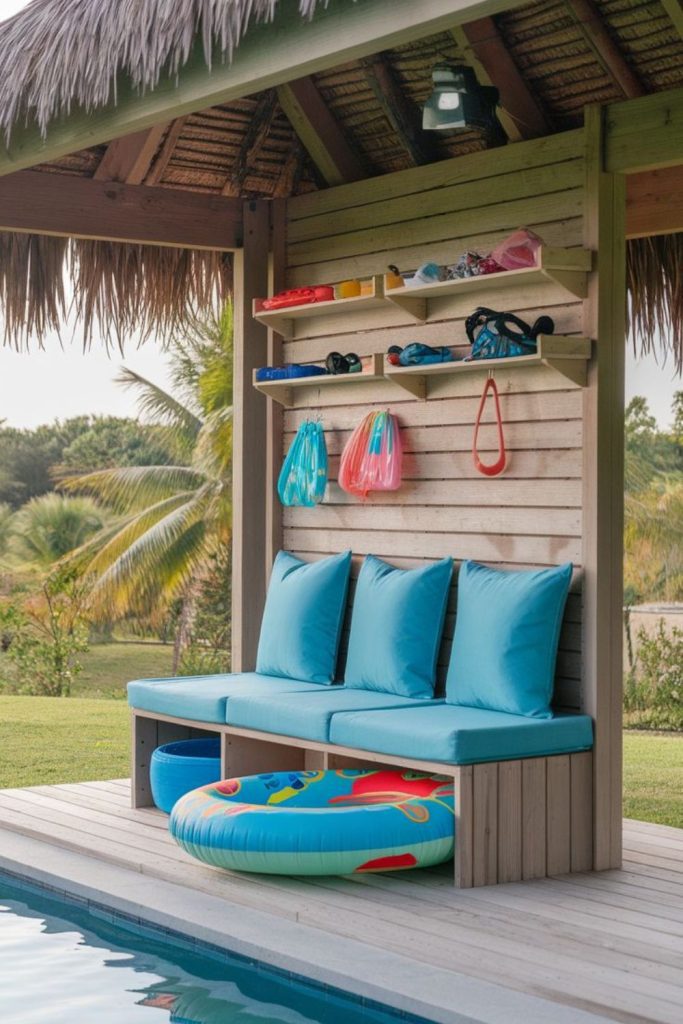 Cabana shelves displaying pool inflatable toys
