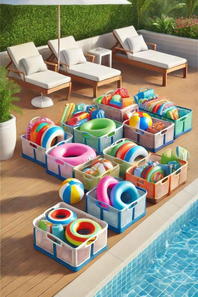 Woven baskets holding poolside toys neatly