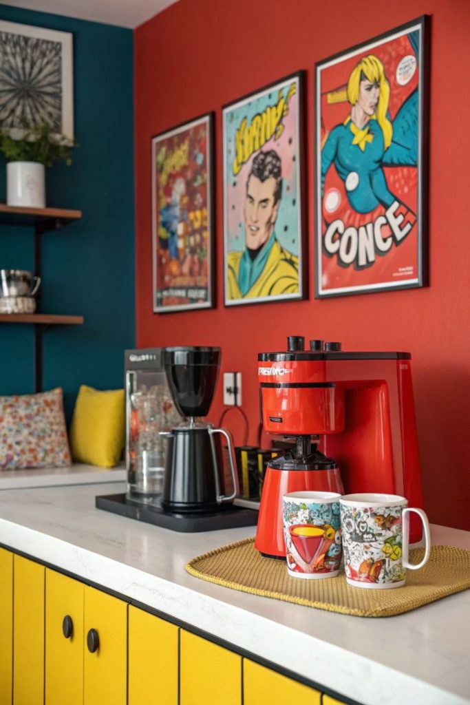 Pop art colorful vibrant expressive coffee bar.