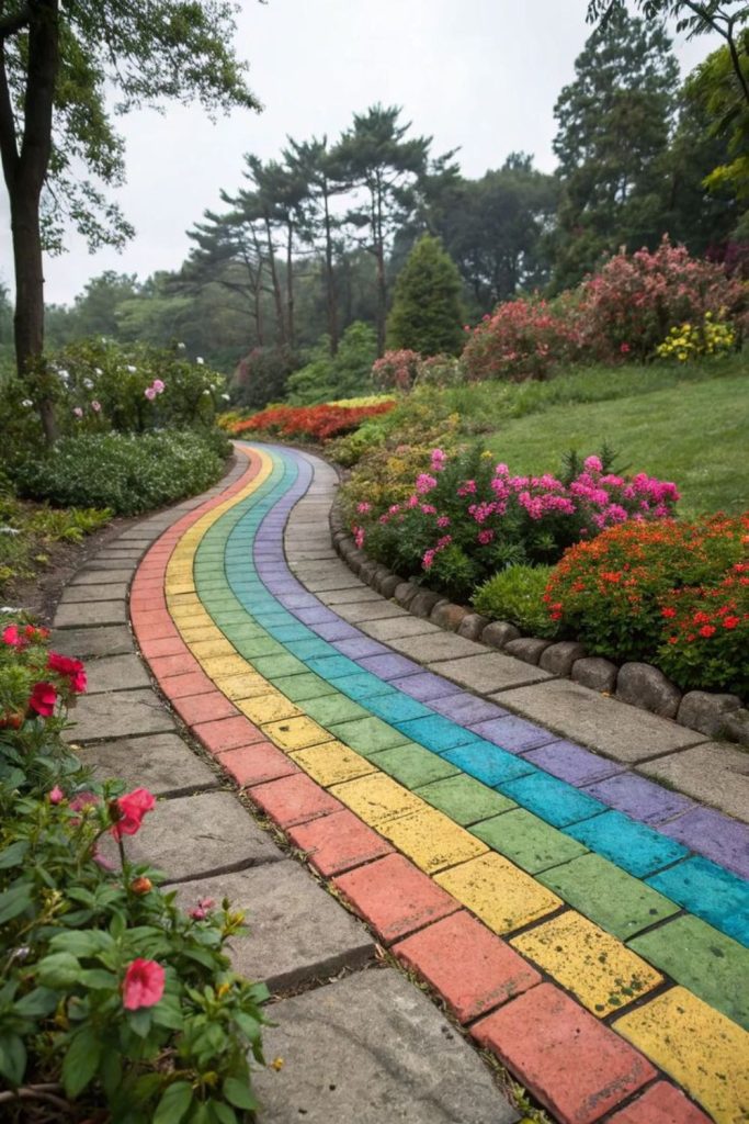 Rainbow chalk path creative drawing outdoor corner
