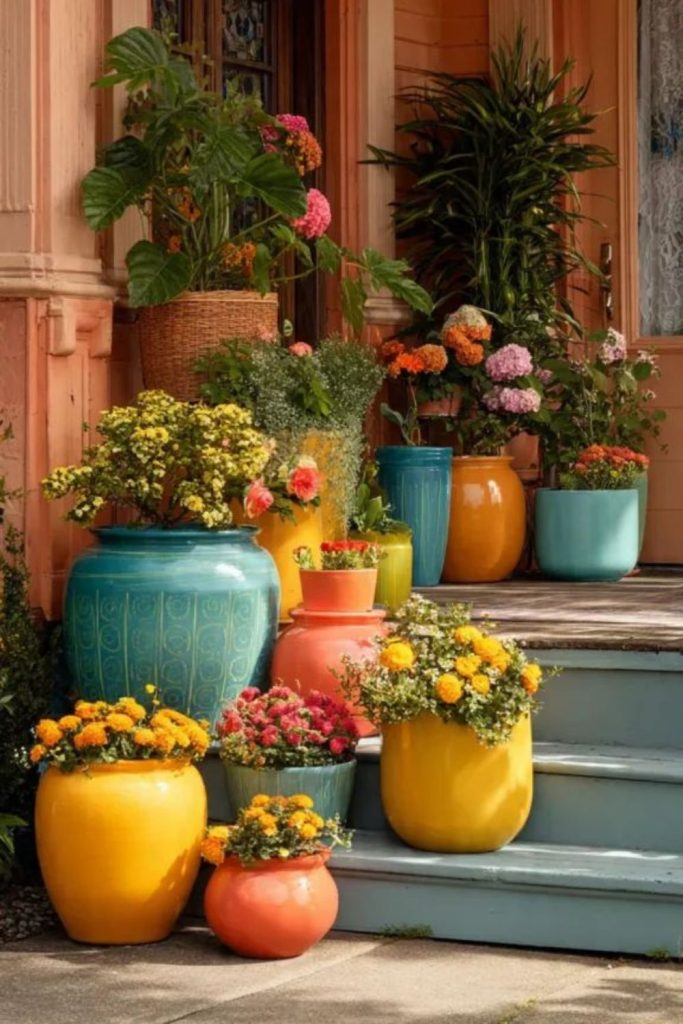 Rainbow gradient colorful flower pot lineup.