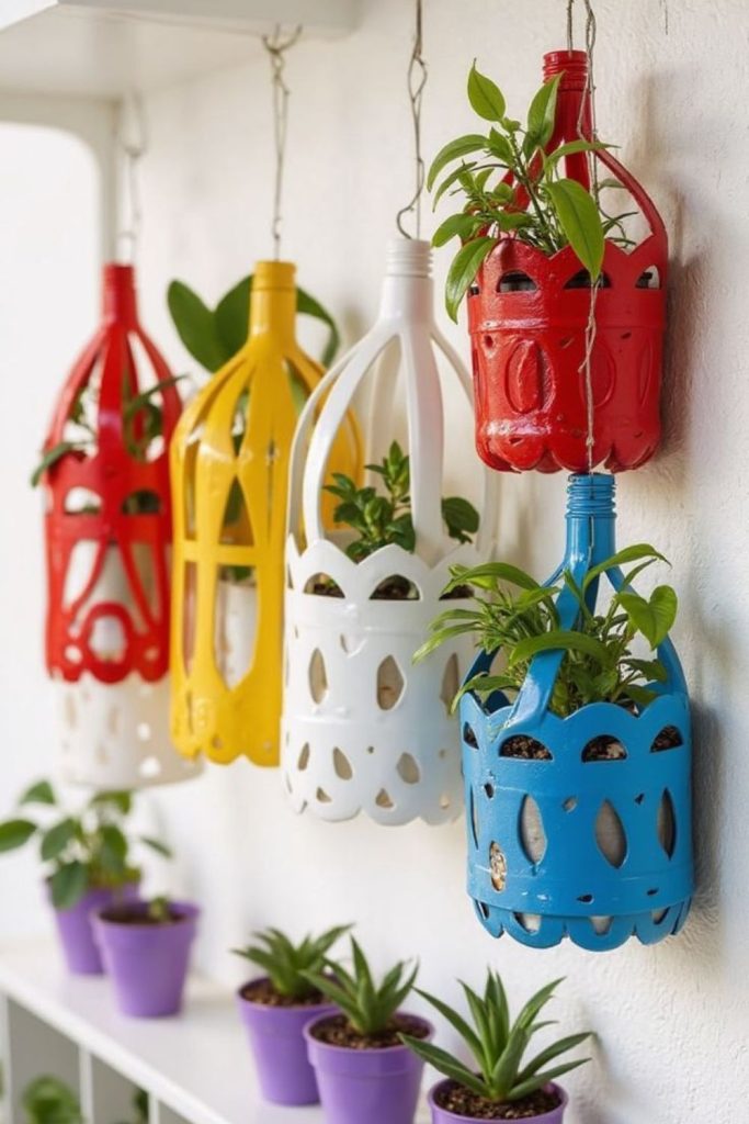 Recycled glass bottle flower vase setup.