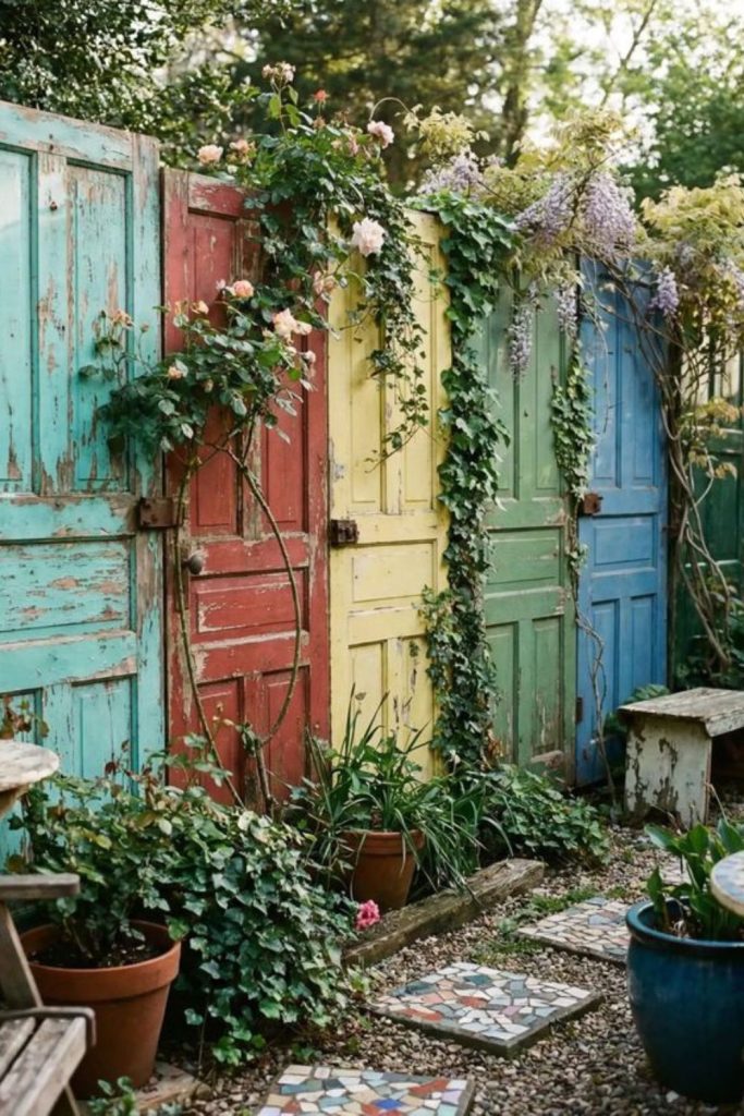 Recycled door patchwork fence design