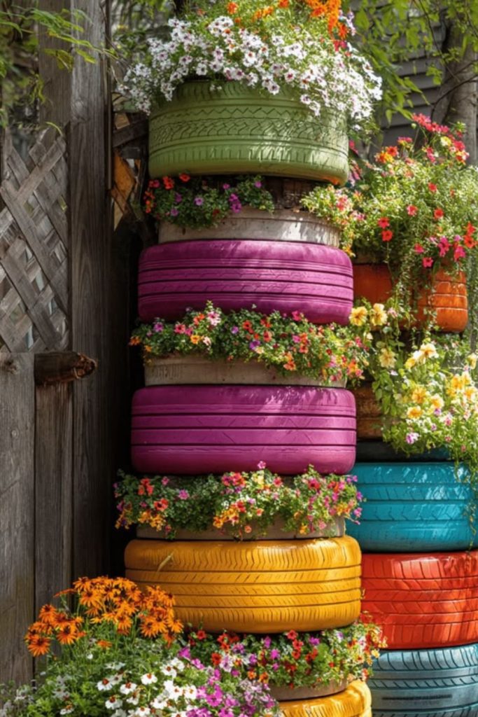 Painted recycled tire creative fence barrier