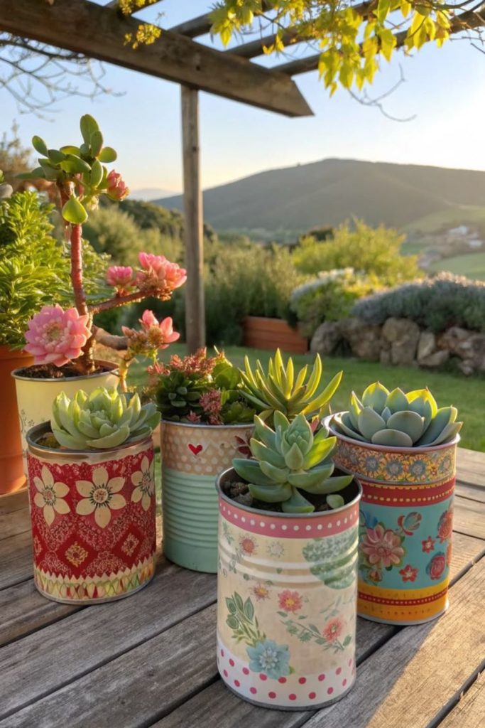 Repurposed tin can herb garden pots.