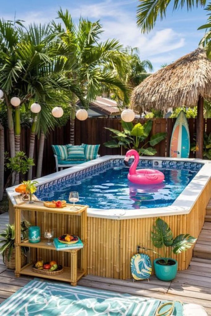 Retro colorful pool, vibrant playful nostalgic backyard style.