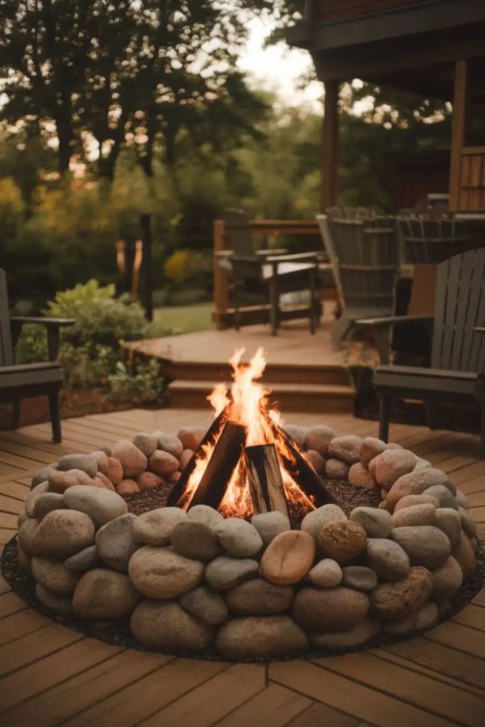 River rock natural stone fire pit