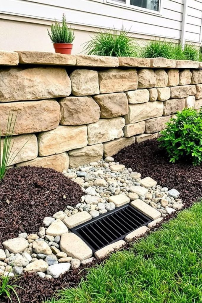 Rock mulch drainage basin infiltration zone