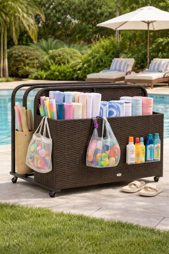 Rolling bin filled with swim inflatables