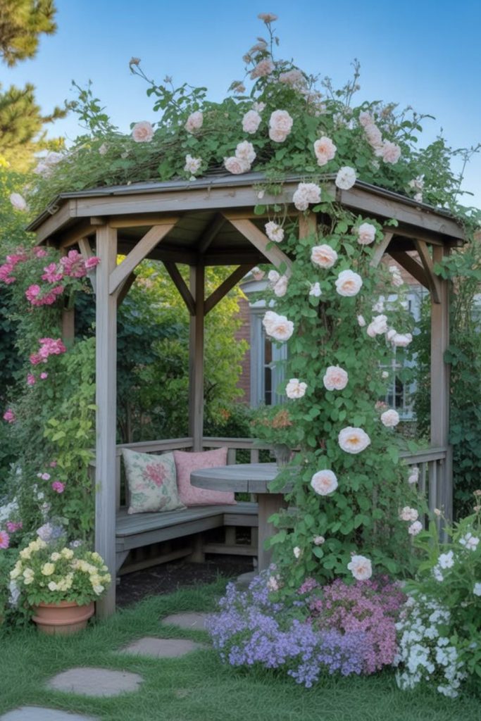Hidden gazebo rose covered romantic garden retreat