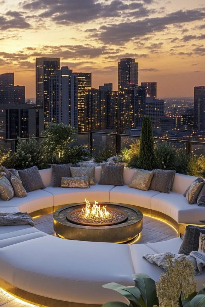 Rooftop fire lounge city view