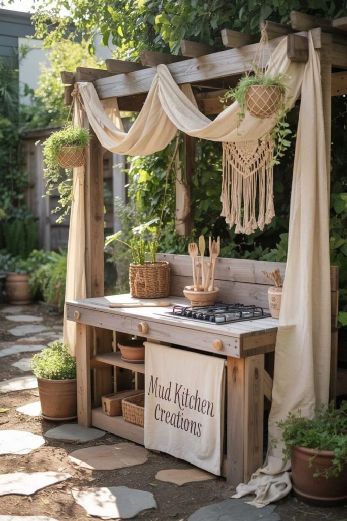Rope frame hanging mud kitchen setup