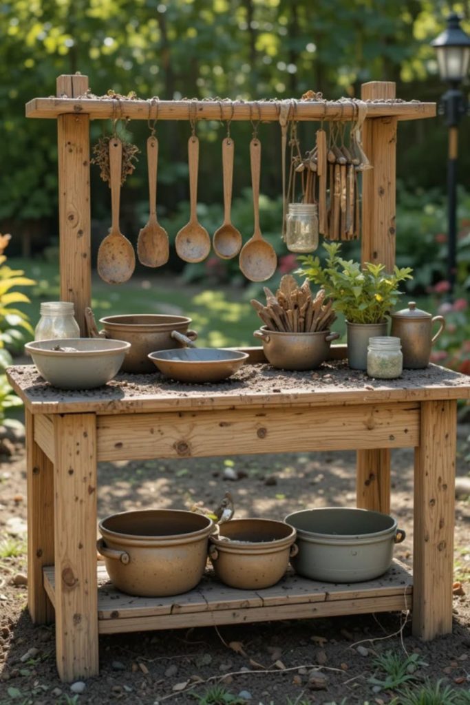 Rope hung tools mud kitchen station