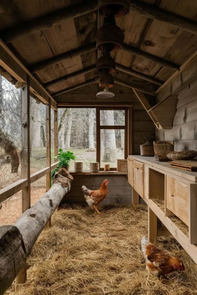 Rustic barnwood chicken coop cozy interior