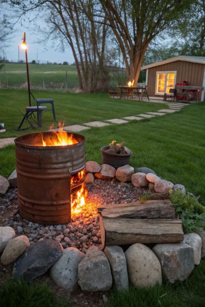 Rustic barrel fire pit backyard setup