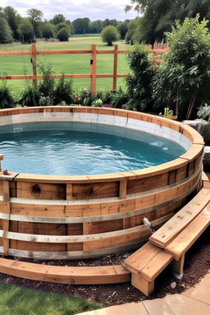 Wooden barrel plunge pool, compact rustic countryside charm.