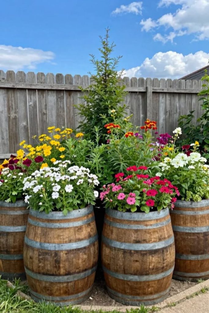 Rustic stacked wooden barrel planter display