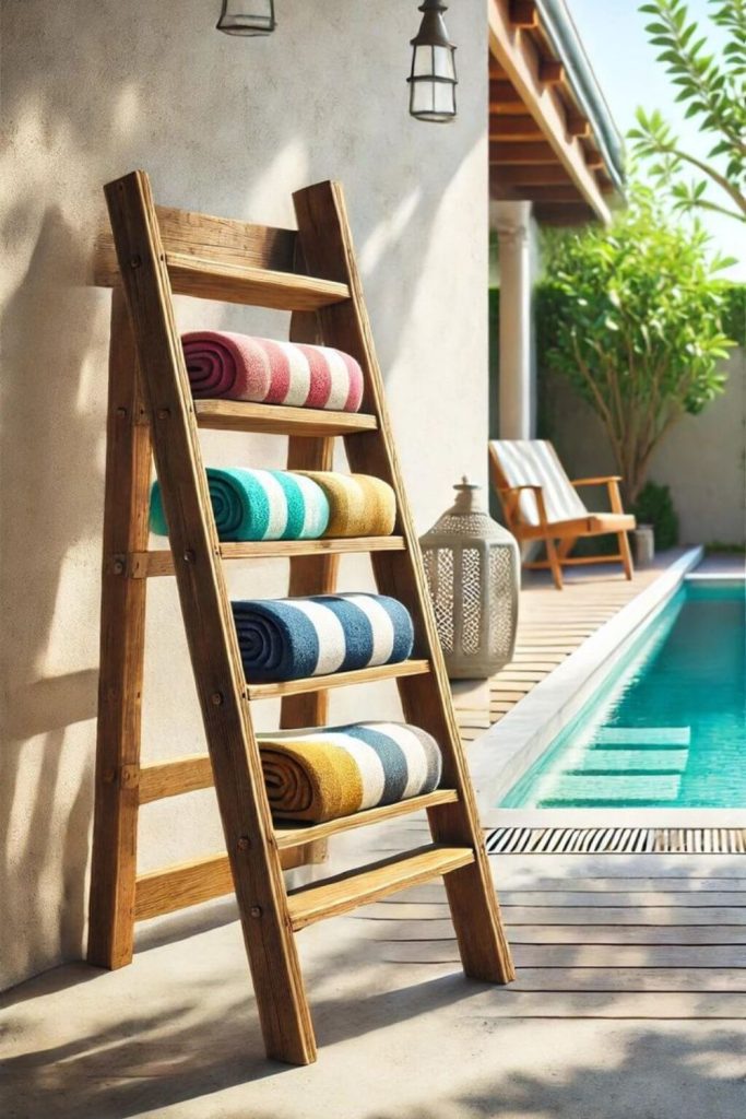 Leaning wooden ladder float storage display