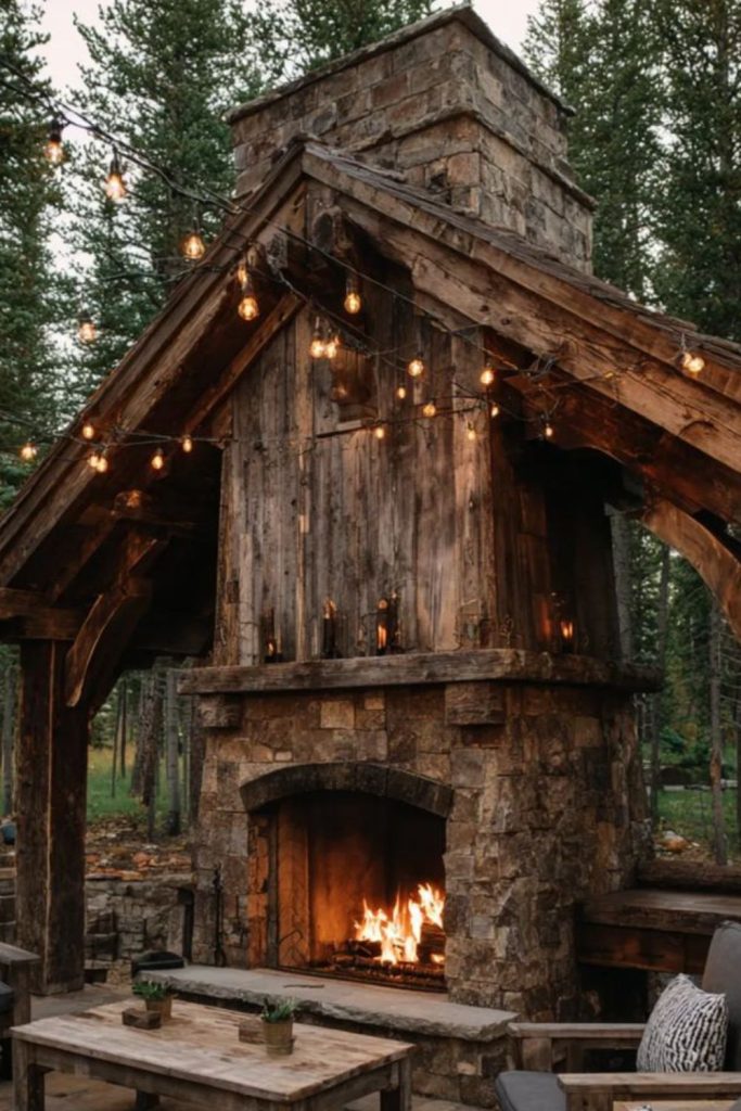 Log cabin rustic fire wall