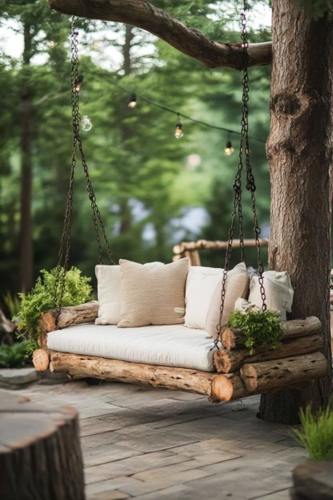 Rustic log frame natural wood swing