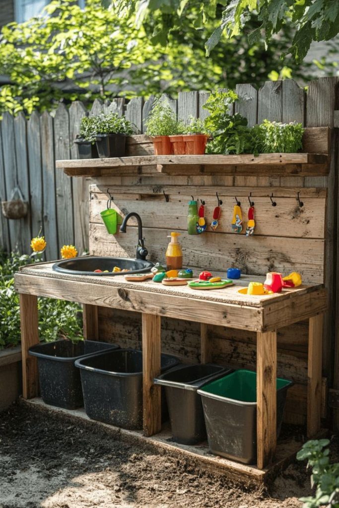 Rain soaked wooden mud kitchen nook